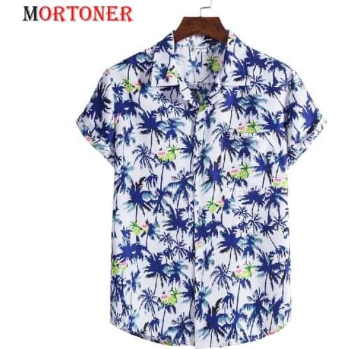 Blue Coconut Tree Print Fashion Mens Hawaiian Shirts Short Sleeve Casual Summer Beach Wear Men Holiday Vacation Clothing Chemise