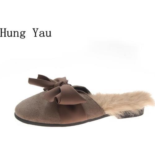 Women Slippers Flips Flops 2018 Winter Warm Fur Butterfly-knot Shoes Woman Fashion Platform Female Slides Flat Comfortable
