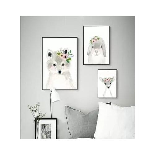 Nordic Watercolor Fluffy Fox Bear Rabbit Elk Wall Art Canvas Oil Painting Garden Decoration Girls Boys Kids Anime Poster Picture