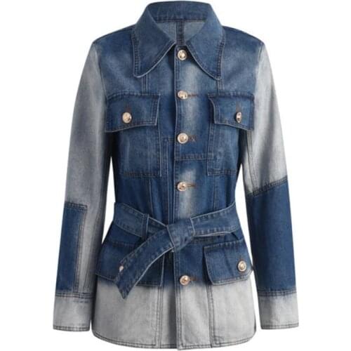 2021 Spring New Fashion Retro Denim Jacket Female Mixed Color Belted Single Breasted Distressed Mid-length Jean Coat Y818