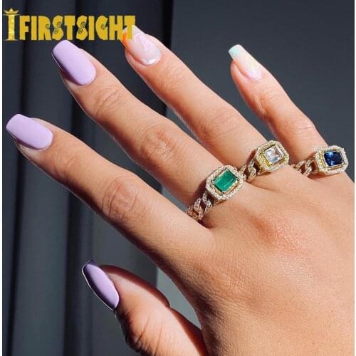 2021 New Gold Color Cuban Chain Shape Wide Band Rngs With Square Big CZ Big Paved Women Wedding Finger Rings Jewelry