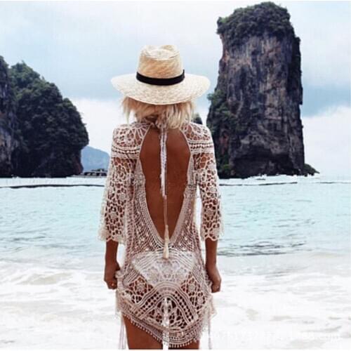 Women White Swimwear Cover Up Tunic Beach Dresses Backless Bathing Suit Tunic Lace Crochet Swimming Beach Wear