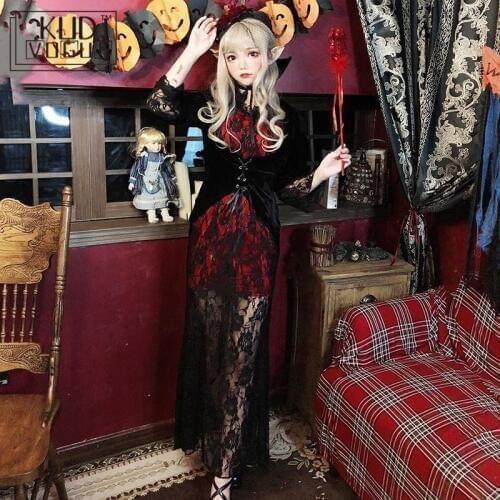 Halloween Costume Dresses Lace Adult Female Vampire Party Long Dress Ghost Bride Zombie Witch Bar Costume For Women Black Red