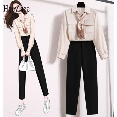 Women Autumn Long Sleeve Blouse And Black Long Pants Sets Office Ladies Elegant Bow Collar Two Pieces Set For Women Outfits