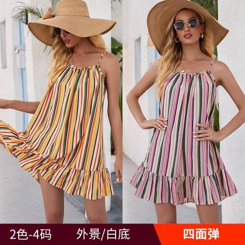 Multicolor Stripe Print Women Cami Dress 2021 Summer Ladies Sexy Back Tie Knot Ruffle Hem Backless Casual Loose Mini Vestidos