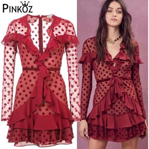 Pinkoz Casual Dot Patchwork Ruffles Dress For Women V Neck Long Sleeve High Waist A-line Mini Dresses Sexy Club Party Dress