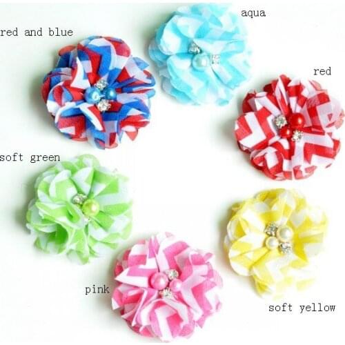 10pcs/lot 2" 10 Colors NEW HOT Lovely Handmade Chic Striped Fabric Chiffon Rhinestone Flowers For Baby Girls Hair Accessories