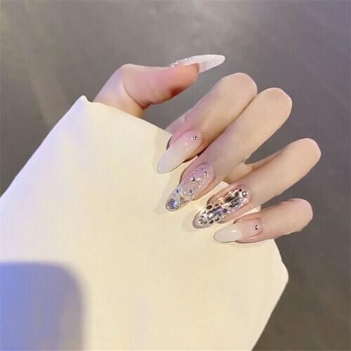 American shining sliver and white hit pure color with diamond 3d decorated false nails glue 24pcs lady full nail tips Ins bride