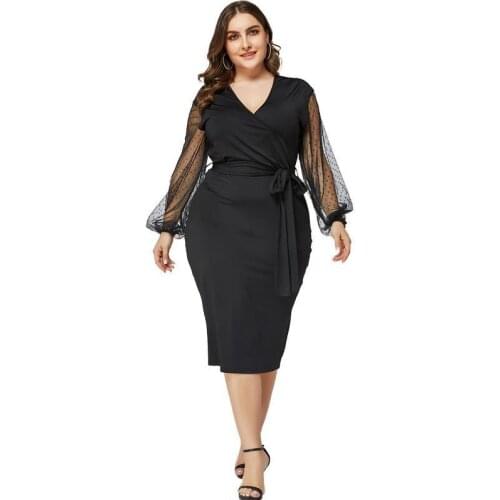 4XL Plus Size Clothes For Women Spring Autumn Sexy Party Dress Mesh Hollow Out Lantern Sleeve Black Midi Dress Office Work Wear