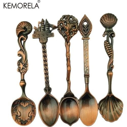 5pcs Vintage Style Tableware Set Stainless Steel Coffee Spoon Tea Spoon Dessert Spoon Kitchen Bronze Carved Knife Fork Spoon Set