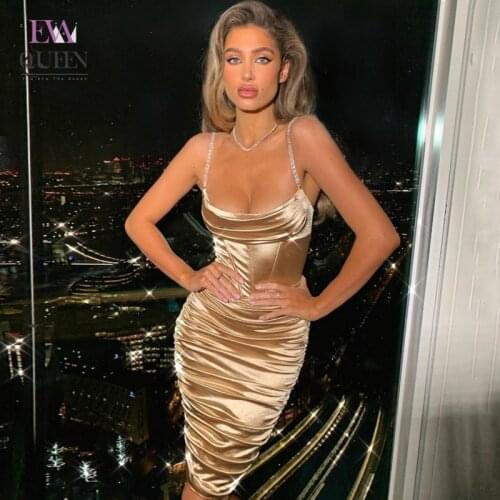 EvaQueen Satin Ruched Solid Elegant Mini Dress For Women Zippered Glitter Bodycon Dresses Backless High Waist Sexy Party Vestido