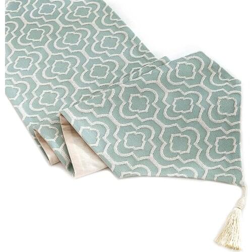Turquoise Table Runner Jacquard Bed Runner with Tassels Dresser Scarf for Home, Party, Wedding Decor Promotion