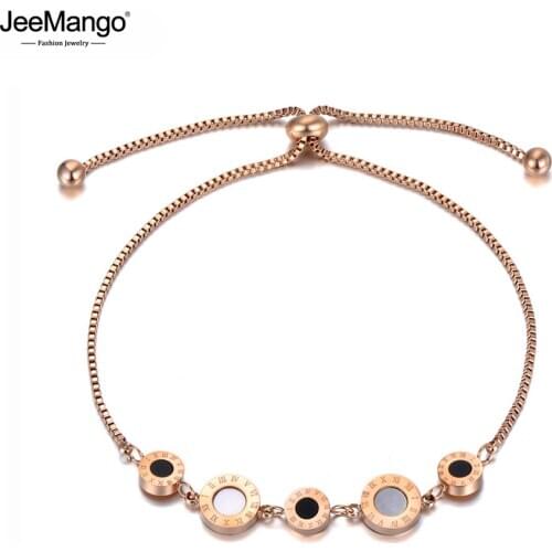 JeeMango Titanium Steel Black/White Acrylic Shell Chain Link Bracelets For Women Adjustable Size Roman Numerals Bracelet JB20019