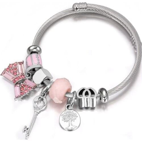 Sweat Crystal Bowknot Life Tree Charms Stainless Steel Bracelets for Women Silver Color Ethnic Open Cuff Bangles Femme Jewelry