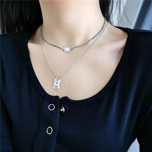 925 sterling silver LUCK square pendant necklace ins face fashion simple personality clavicle chain for female birthday gifts