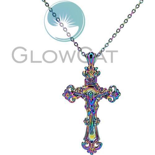 Rainbow Flower Cross Pendant Religious Jesus Cruz Necklace For Women Christ Jewelry Crucifix Pendant Necklace