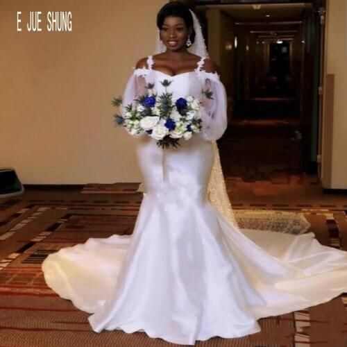 E JUE SHUNG Simple African Wedding Dresses Spaghetti Illusion Half Sleeves Mermaid Bridal Gowns Bride Dresses vestido de noiva