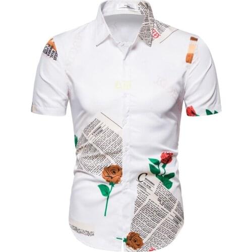 Summer Latest Fashion Plus size Men Newspaper Printed Beach Wear Cotton Short Sleeve Shirt