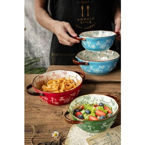 New Cherry Bianual Hollow Handle Ceramic Dessert Bowl Household Cutlery Creative Pasta Soup Noodles Bowl Red Green
