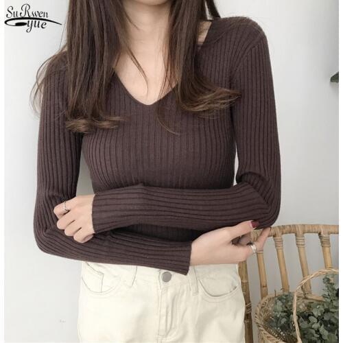 2020 Autumn and Winter New Fashion Solid Pullover Sweater Women Sexy V-neck Knitted Long Sleeve Slim Warm Womens Sweaters 10308