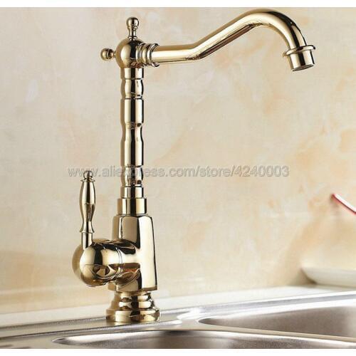 Golden Finish Swivel Kitchen Faucet Single Handle Kitchen Sink Faucet Deck Mounted Single Hole Faucets Mixer Tap Kgf056