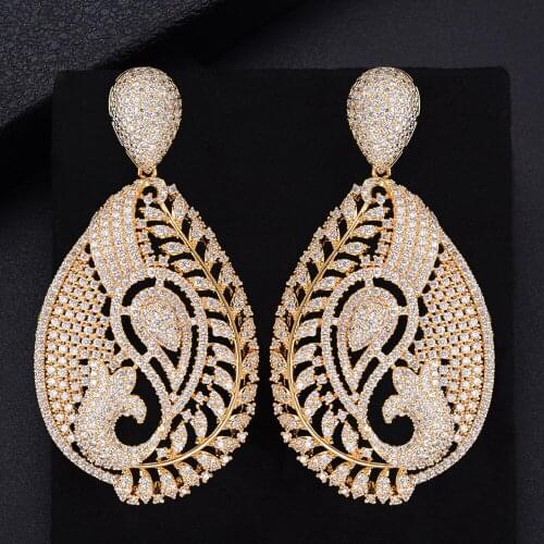 LARRAURI Luxury Cubic Zirconia Pierced Dangle Earring Big Waterdrop Pendant Earrings For Women Hollow branch Wedding Earrings