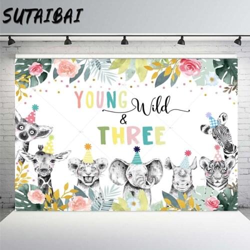 Safari Forest Flowers Wild Three Backdrops Kids 3th Birthday Party Baby Cake Smash Animal Background for Photo Studio Photocall