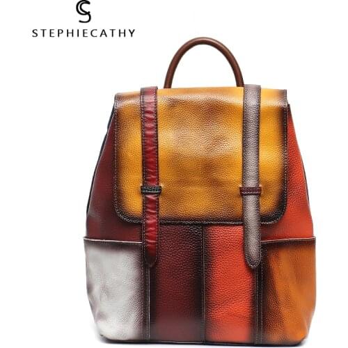 SC Luxury Vintage Cowhide Leather Patchwork Women Backpack Functional Shoulder School Bag Spray Color Female Large Flap Knapsack