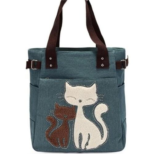 Lovely Cute Cat Canvas Handbag For Girls Ladies Large Capacity Casual Bag Women Portable Solid Zipper Shoulder Bag