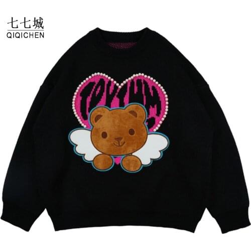 Men High Street Sweater Women Pearl Love Bear Hip Hop Streetwear Knitted Jumper Sweaters 2021 Cotton Pullover Loose Tops Unisex