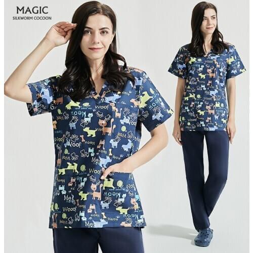 V-neck Beautician workwear Health service dog print scrub tops Short Sleeved pet store fashion design women suits work clothing