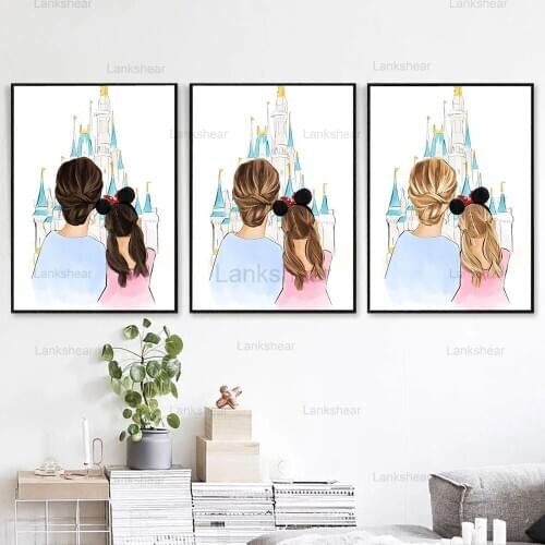 The Back of Mother and Daughter Poster and Print Family Canvas Painting Wall Art Picture Decor for Living Room