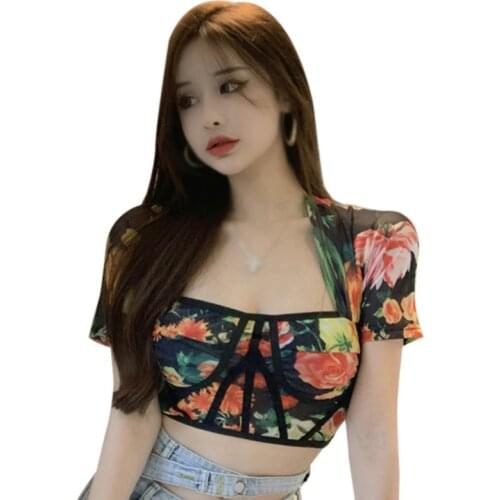 Womens Square Collar Floral Slim Sexy Tshirt French Style Exposed Navel Short Sleeves Tee Top