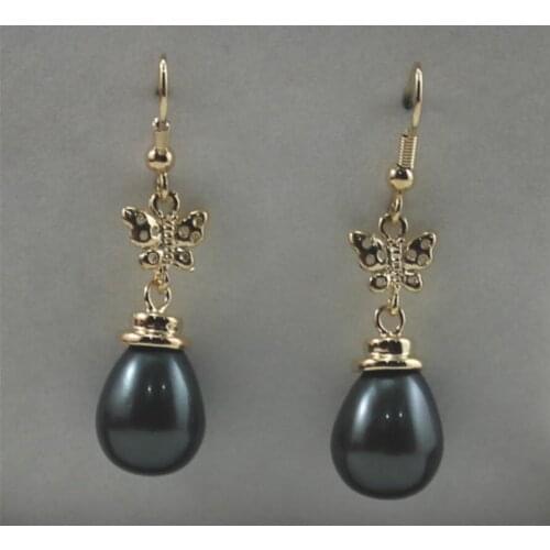 Womens fashion style metal plated butterfly accessories 12x16mm black water drop Shell Pearl Earrings