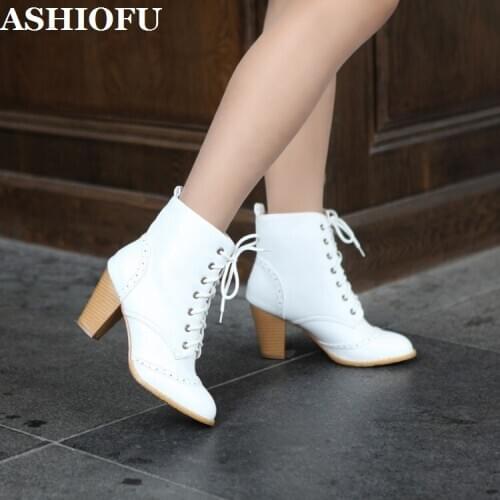 ASHIOFU New Handmade Retro-style Womens High Heel Boots Cross-shoelace Party Ankle Booties Large Size Daily Wear Fashion Boots