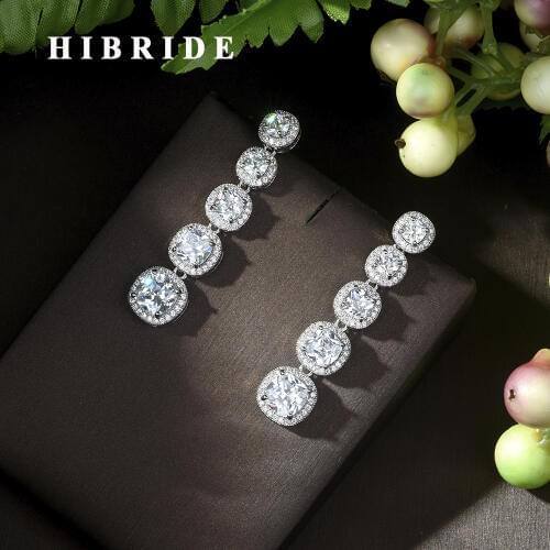 HIBRIDE Brilliant Crystal Round Cut CZ Stone Clear Long Stud Earrings Women Bride Party Show Boucle D'oreille Jewelry E-467