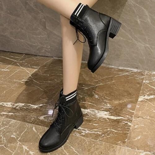 2021 Women Classic Black Short Boots Ladies Solid Lace Up Handsome Shoes Female Square Heels Footwear Spring Autumn Size 35-40