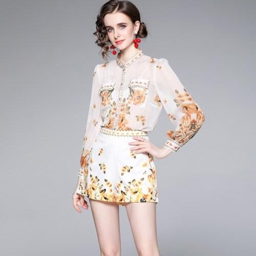 2021 Summer Fashion Two Piece Sets Womens Vintage Flower Print Puff Sleeve Chiffon Blouse＋Casual Shorts Suit
