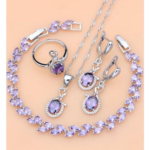 Silver 925 Jewelry Sets for Women Purple Amethyst Birthstone Fashion Long Earrings Bracelet Open Ring Necklace Sets Gift for Her