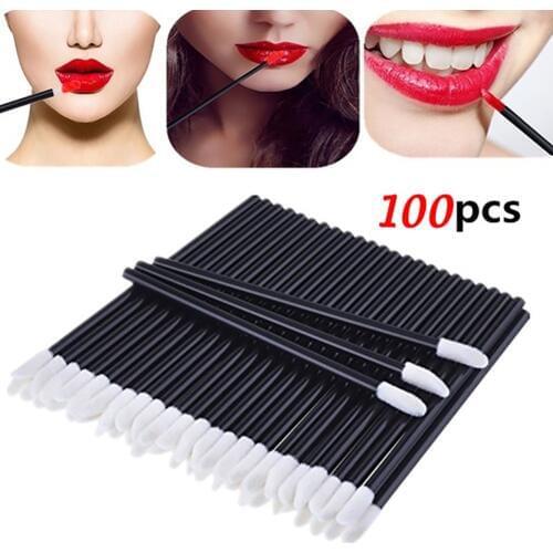 100 Pieces Black Disposable Lip Brush Cotton Swab Gloss Wand Makeup Cosmetic Tool
