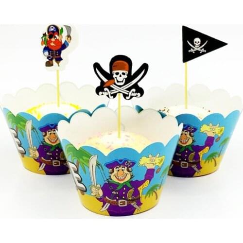 12PCS/lot Pirate Theme Boys Favors Supplies Wrappers Decoration Baby Shower Party Happy Birthday Cupcake Toppers Cake