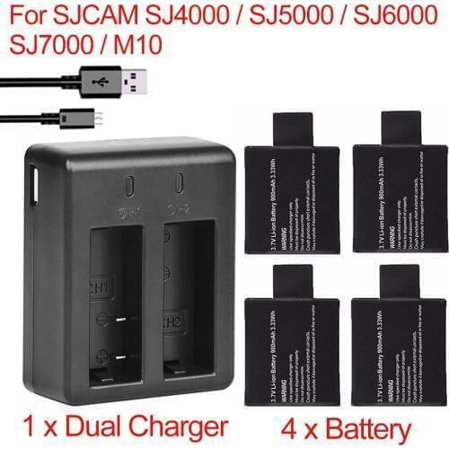 4Pcs 900mAh SJ4000 Camera battery +1 x Dual Charger For SJCAM SJ4000 SJ5000 SJ6000 SJ7000 SJ8000 M10 BATTERY