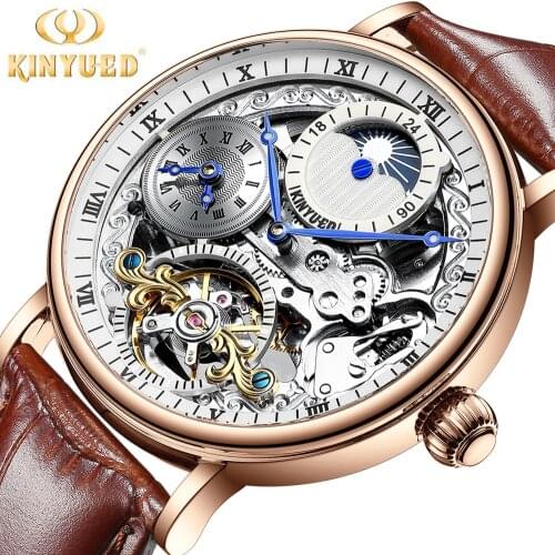 KINYUED Tourbillon Automatic Watch Men Rose Gold Multiple Time Zone Mechanical Watches Mens Steampunk Relogio Masculino J073
