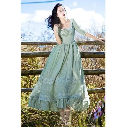 Freeship light green lace emboridery square collar vintage medieval long dress