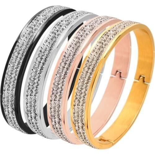 Classic Luxury Brand Bracelets & Bangles for Women Stainless Steel Rose Gold Color Cuff Bangle Zircon Inlaid for Ladies Jewelry