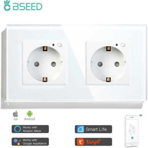BSEED Wifi Double Socket EU Standard Wall Plugs 16A White Black Glod Crystal Glass Panel Outlets Tuya Alexa Compatible For Home