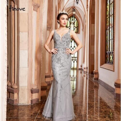 Finove Elegant Mermaid Evening Dresses Long 2020 Sexy V-neck Beaded Backless Floor Length Party Dress In Women' Dresses