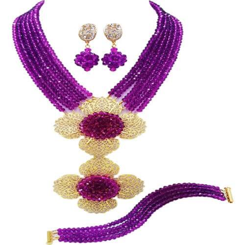 Purple African Beads Jewelry Set Nigerian Wedding Accessories Party Necklace Bracelet Earrings 6LDH09