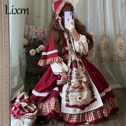 Gothic Lolita Dress Victorian Little Red Riding Hood Cosplay Lolita Christmas New Year Red Cape Girl Op Long Sleeve Dress