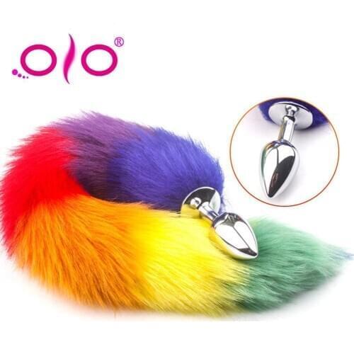 OLO Colorful Faux Tail Metal Anal Butt Plug Pull Beads Flirting Adults Sex Toy Prostate Massager Female Masturbation Device